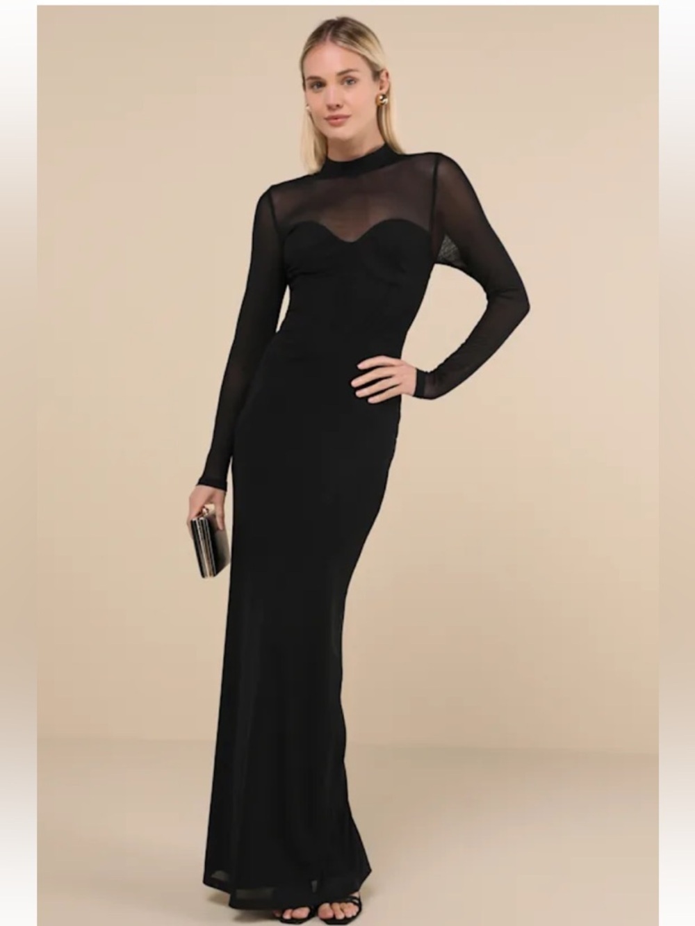 Lulu’s NWT Sensational Appeal Black Mesh Cutout Long Sleeve Maxi Dress XS
